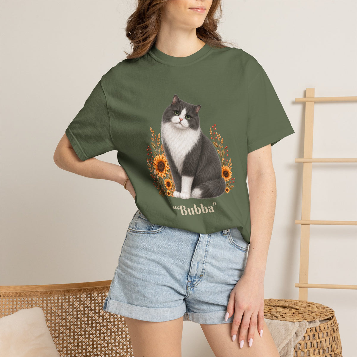 Personalized Black Gray Longhair Cat Sunflower Comfort Colors® T-Shirt