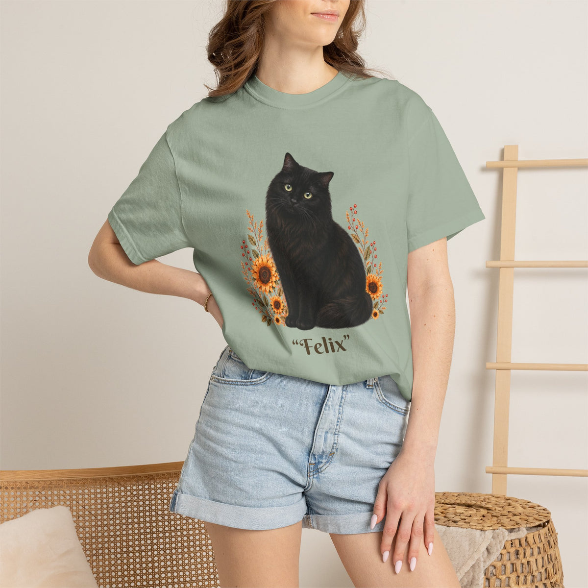 Personalized Black Cat  Sunflower Comfort Colors® T-Shirt