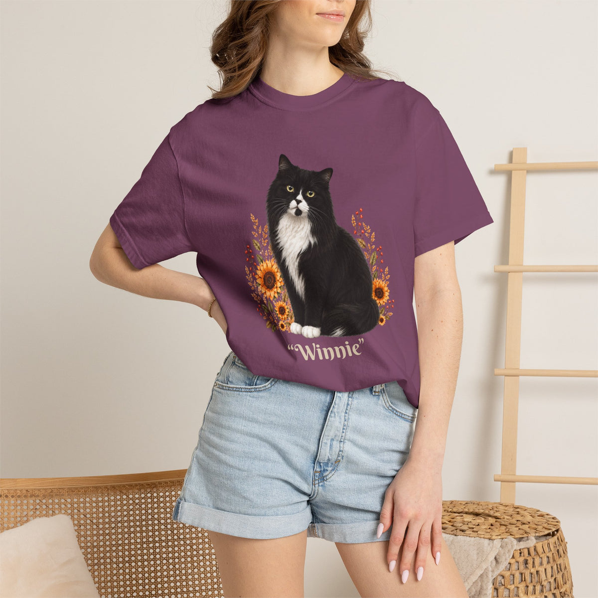 Personalized Fluffy Tuxedo Cat  Sunflower Comfort Colors® T-Shirt