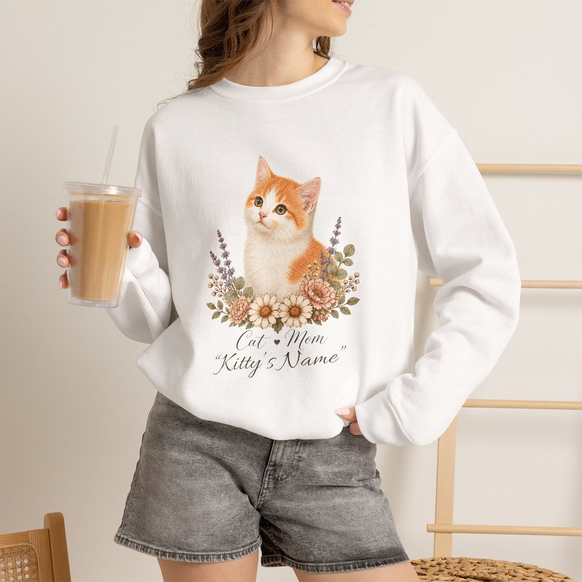 Personalized Orange and White Cat Mom Gildan® Sweatshirt