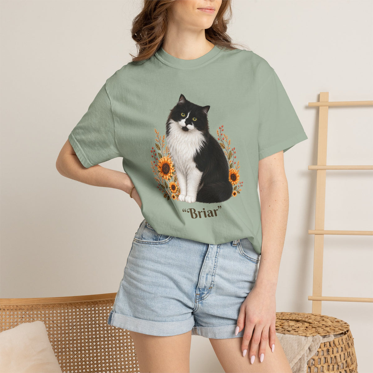 Personalized Tuxedo Cat Sunflower Comfort Colors® T-Shirt