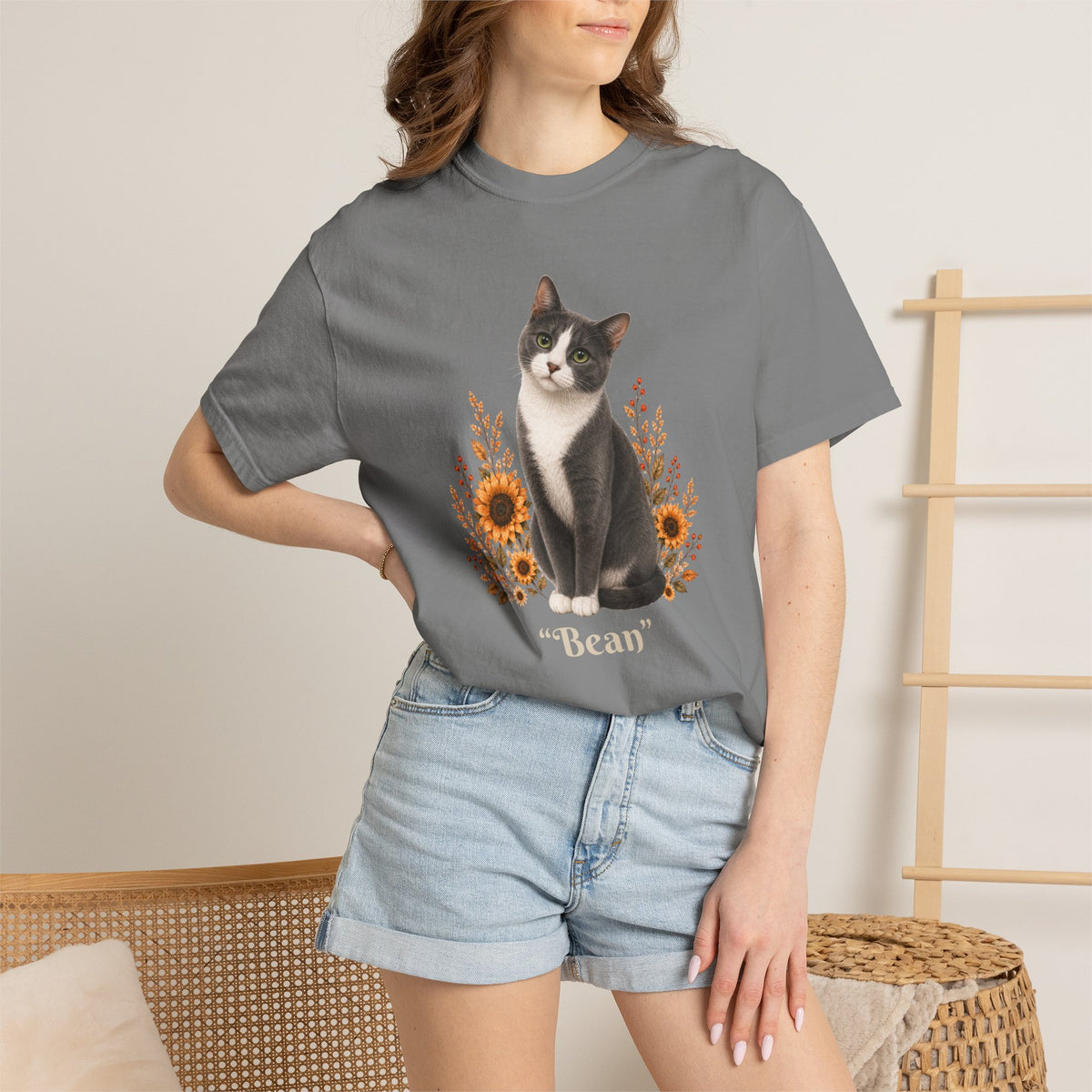Personalized Blue Tuxedo Cat Sunflower Comfort Colors® T-Shirt