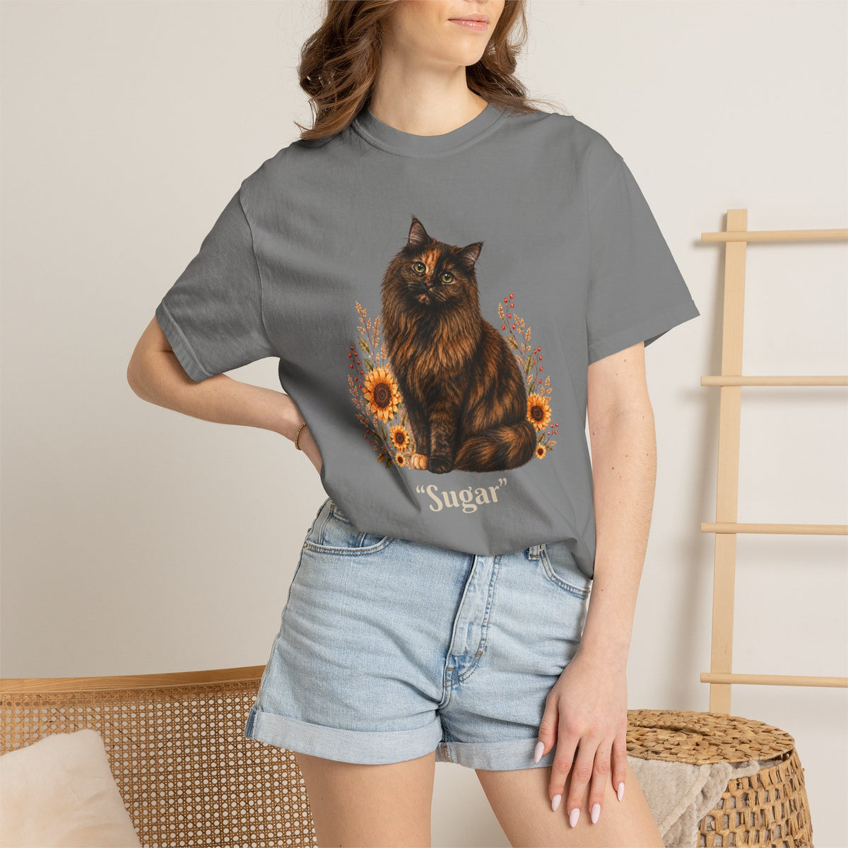 Personalized Tortoiseshell Cat  Sunflower Comfort Colors® T-Shirt