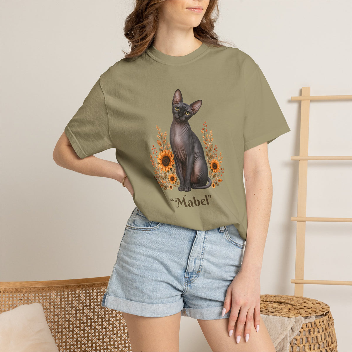 Personalized Charcoal Sphinx Cat Sunflower Comfort Colors® T-Shirt
