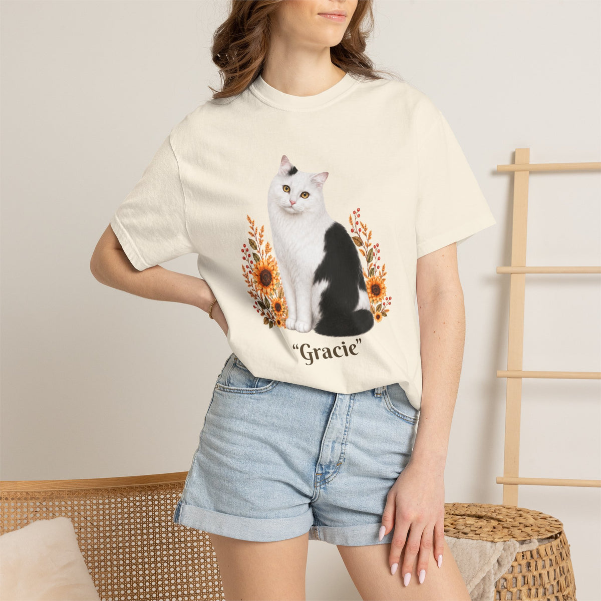 Personalized Black and White Cat  Sunflower Comfort Colors® T-Shirt