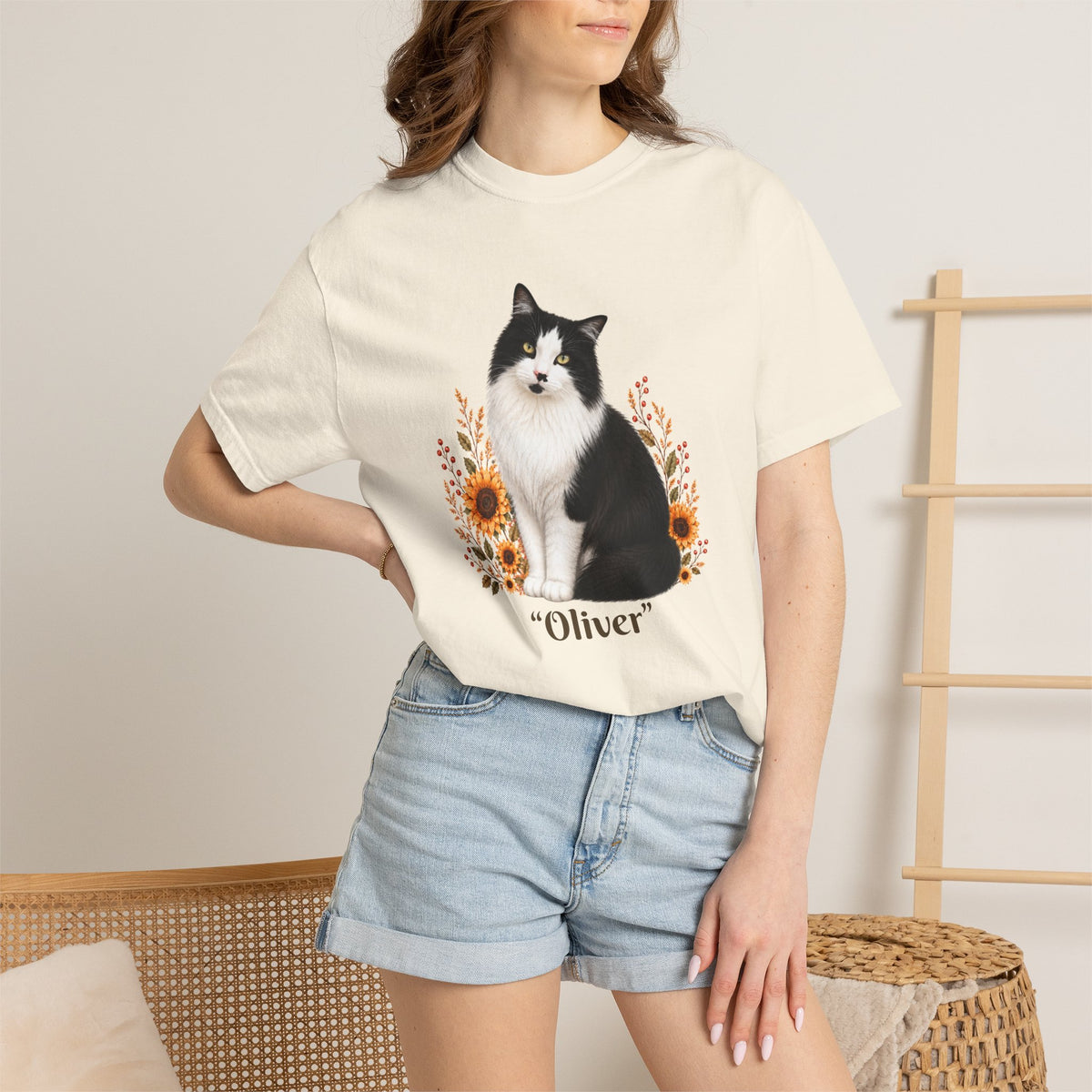 Personalized Tuxedo Cat Sunflower Comfort Colors® T-Shirt