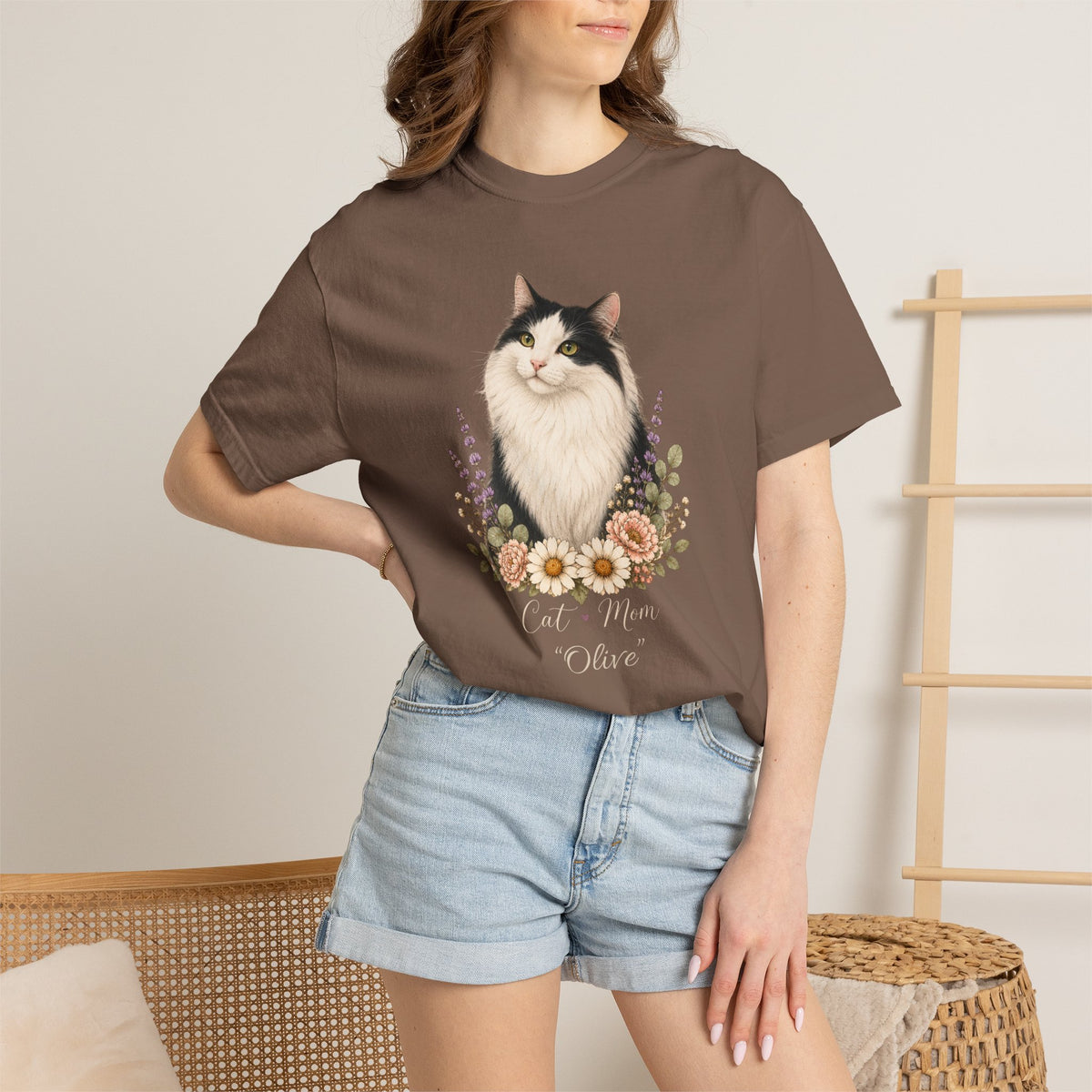 Personalized Black and White Cat Mom Comfort Colors® T-Shirt