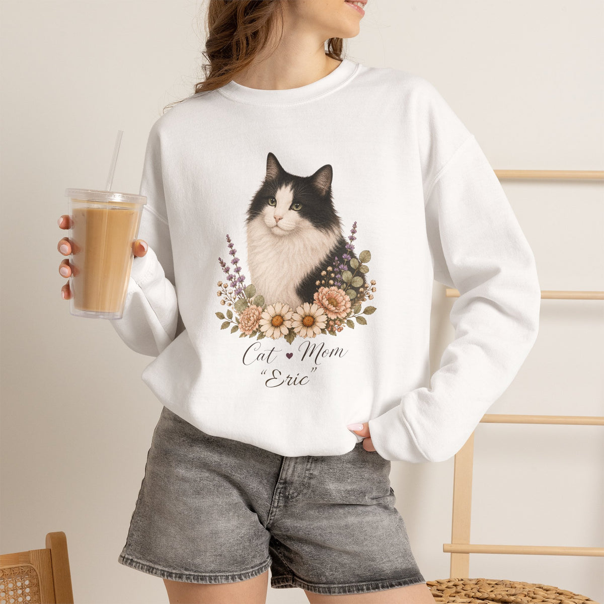 Personalized Black and White Cat Mom Gildan® Sweatshirt