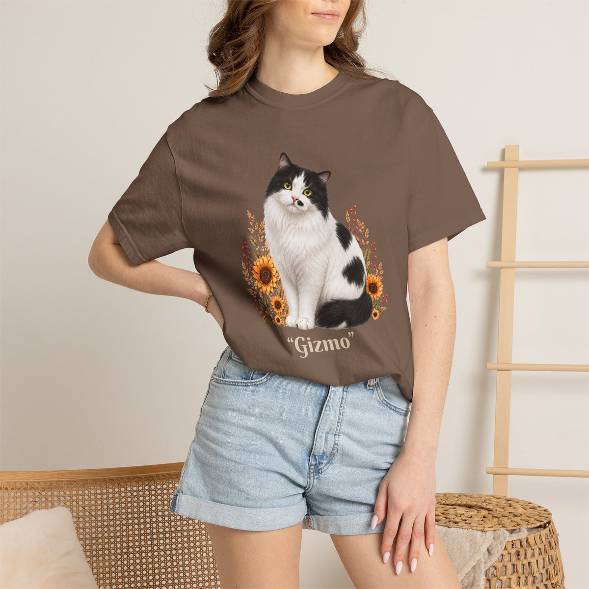Personalized Black and White Cat  Sunflower Comfort Colors® T-Shirt