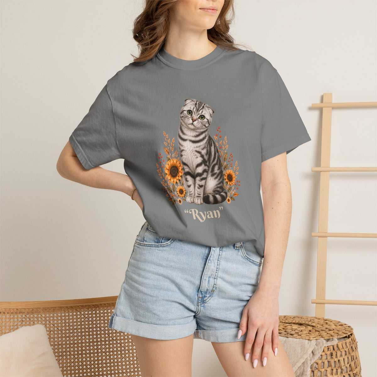 Personalized Scottish Fold Cat Sunflower Comfort Colors® T-Shirt
