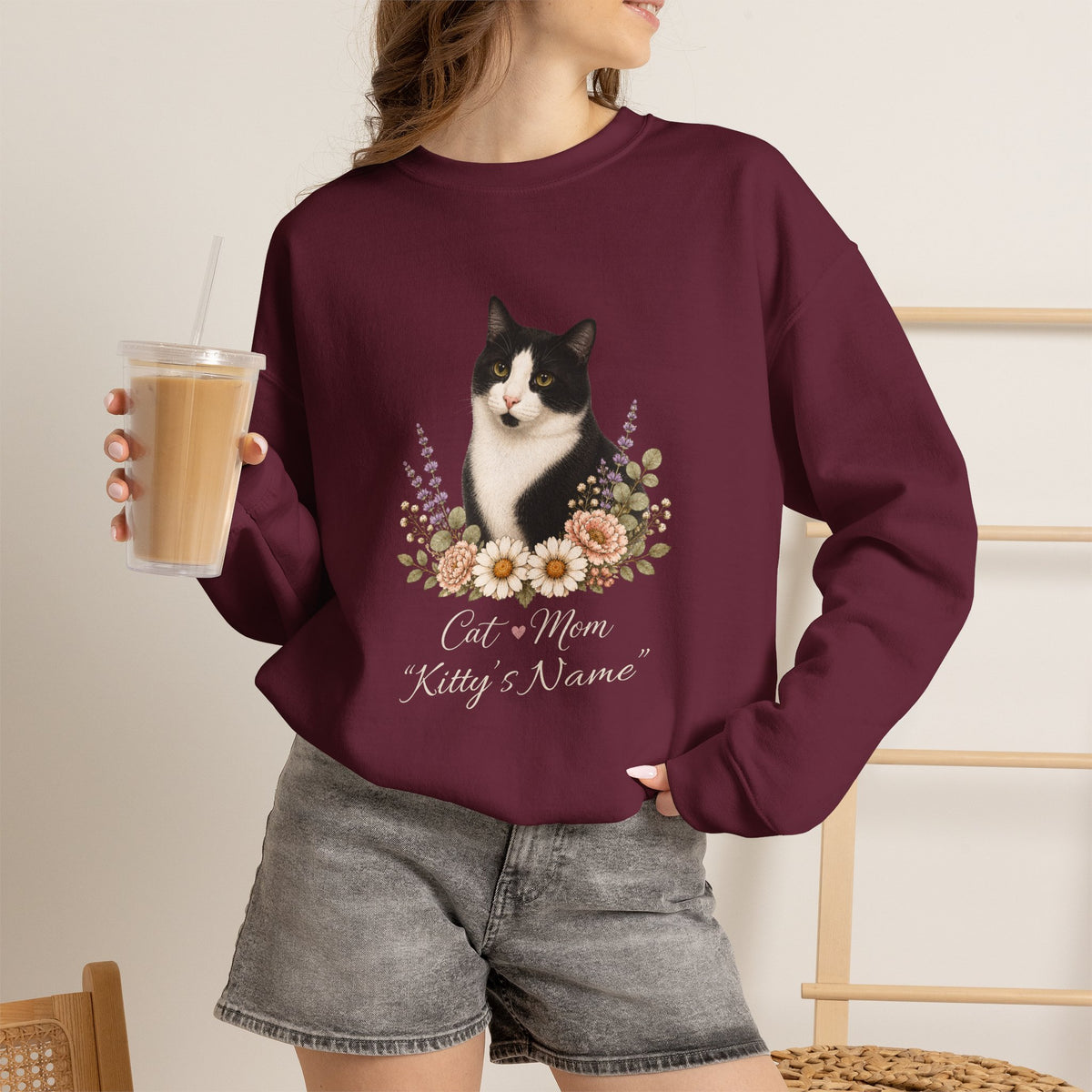 Personalized Black and White Cat Mom Gildan® Sweatshirt