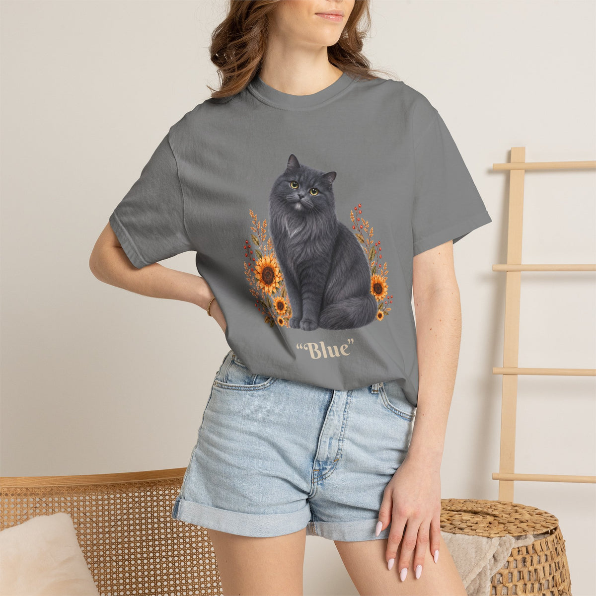 Personalized Blue Gray Longhair Cat Sunflower Comfort Colors® T-Shirt
