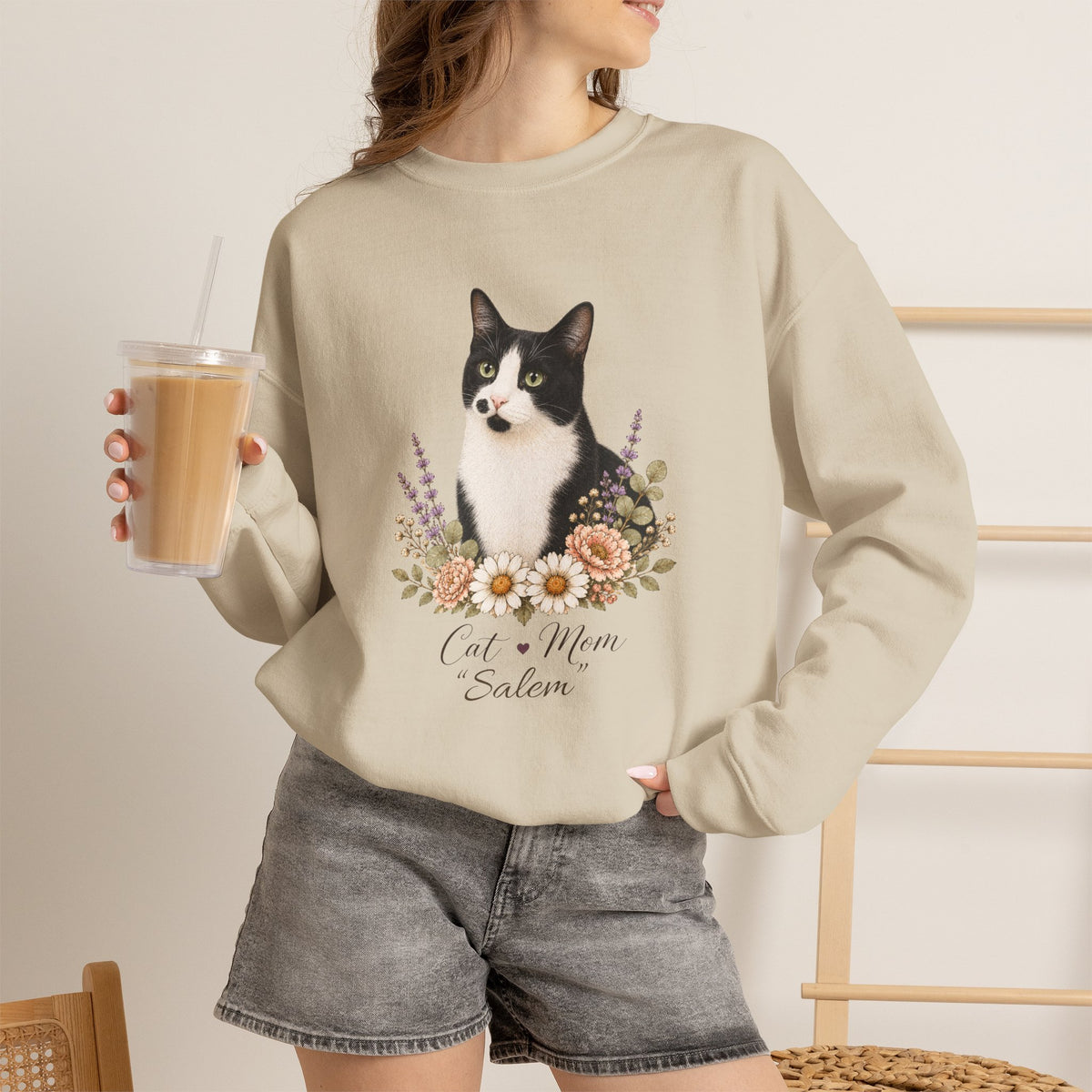 Personalized Black and White Cat Mom Gildan® Sweatshirt