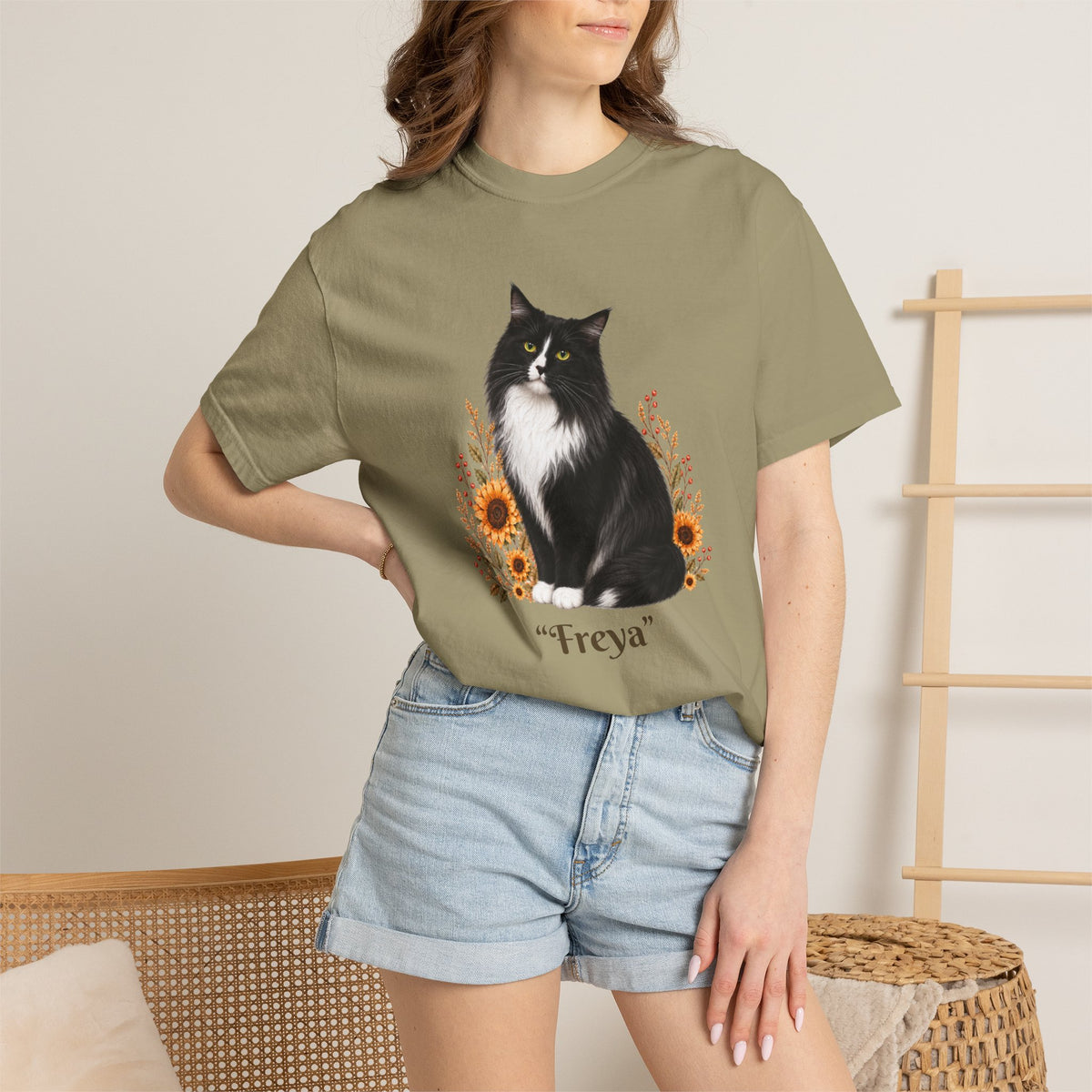 Personalized Black and White Cat  Sunflower Comfort Colors® T-Shirt