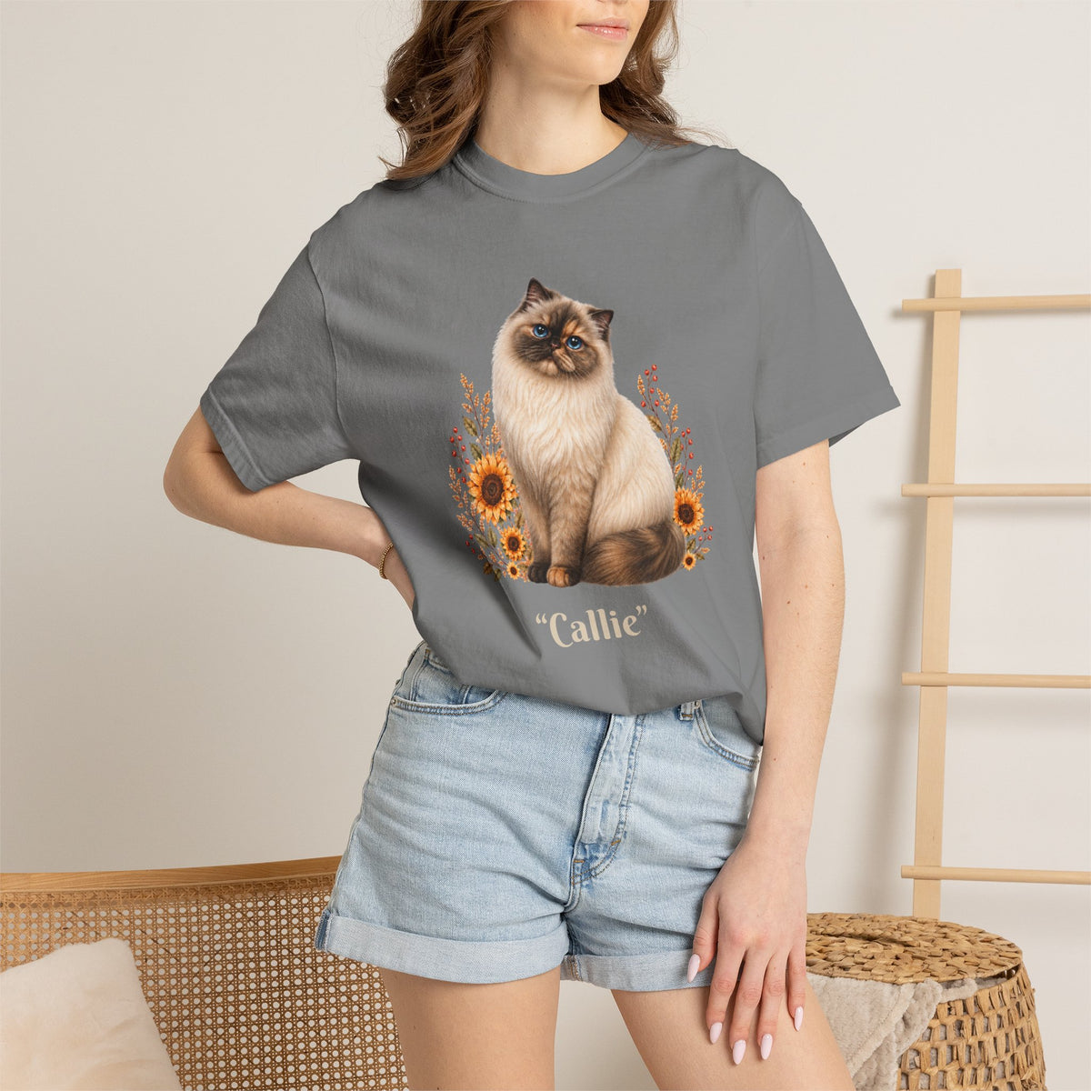 Personalized Seal Point Himalayan Cat Sunflower Comfort Colors® T-Shirt
