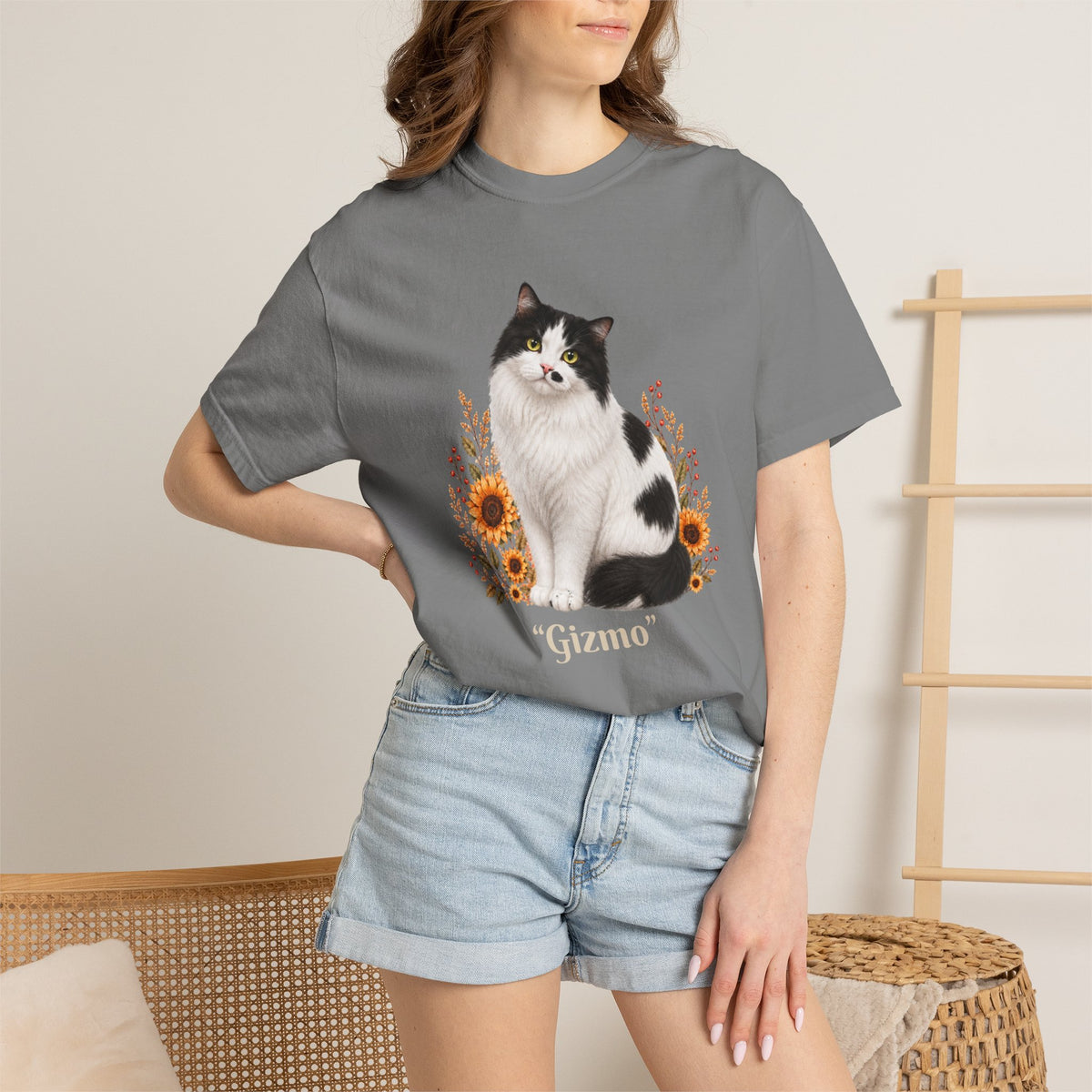 Personalized Black and White Cat  Sunflower Comfort Colors® T-Shirt