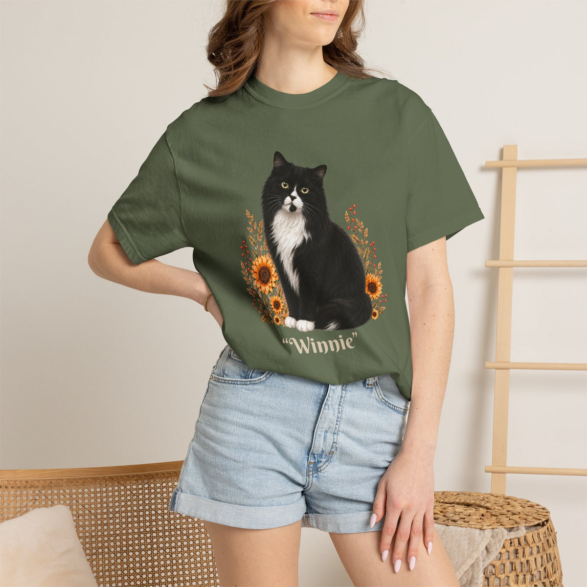 Personalized Fluffy Tuxedo Cat  Sunflower Comfort Colors® T-Shirt