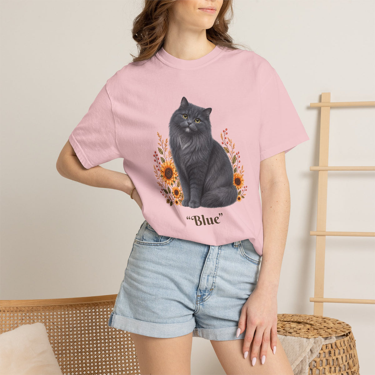 Personalized Blue Gray Longhair Cat Sunflower Comfort Colors® T-Shirt