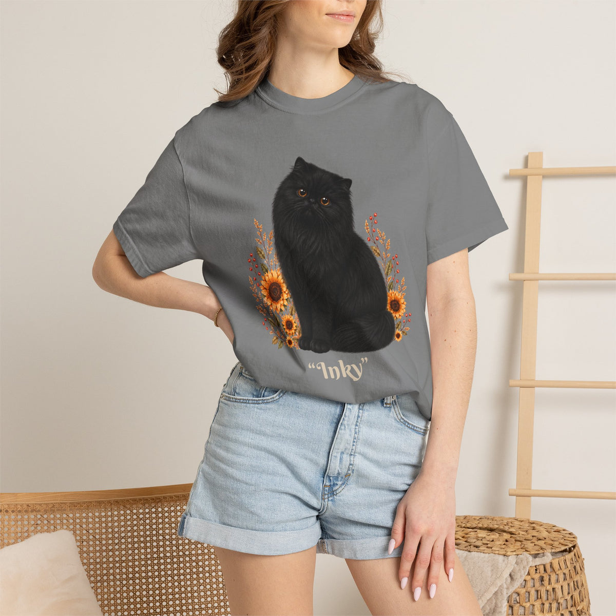 Personalized Black Persian Cat Sunflower Comfort Colors® T-Shirt
