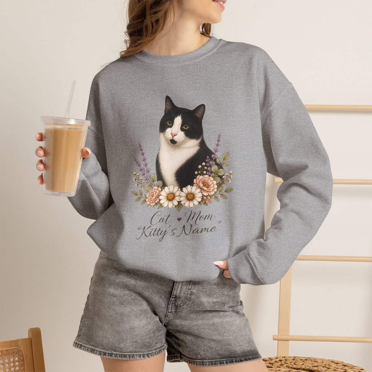 Personalized Black and White Cat Mom Gildan® Sweatshirt