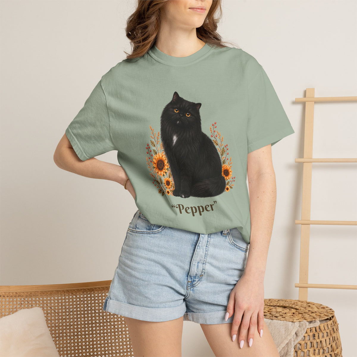 Personalized Black Cat  Sunflower Comfort Colors® T-Shirt