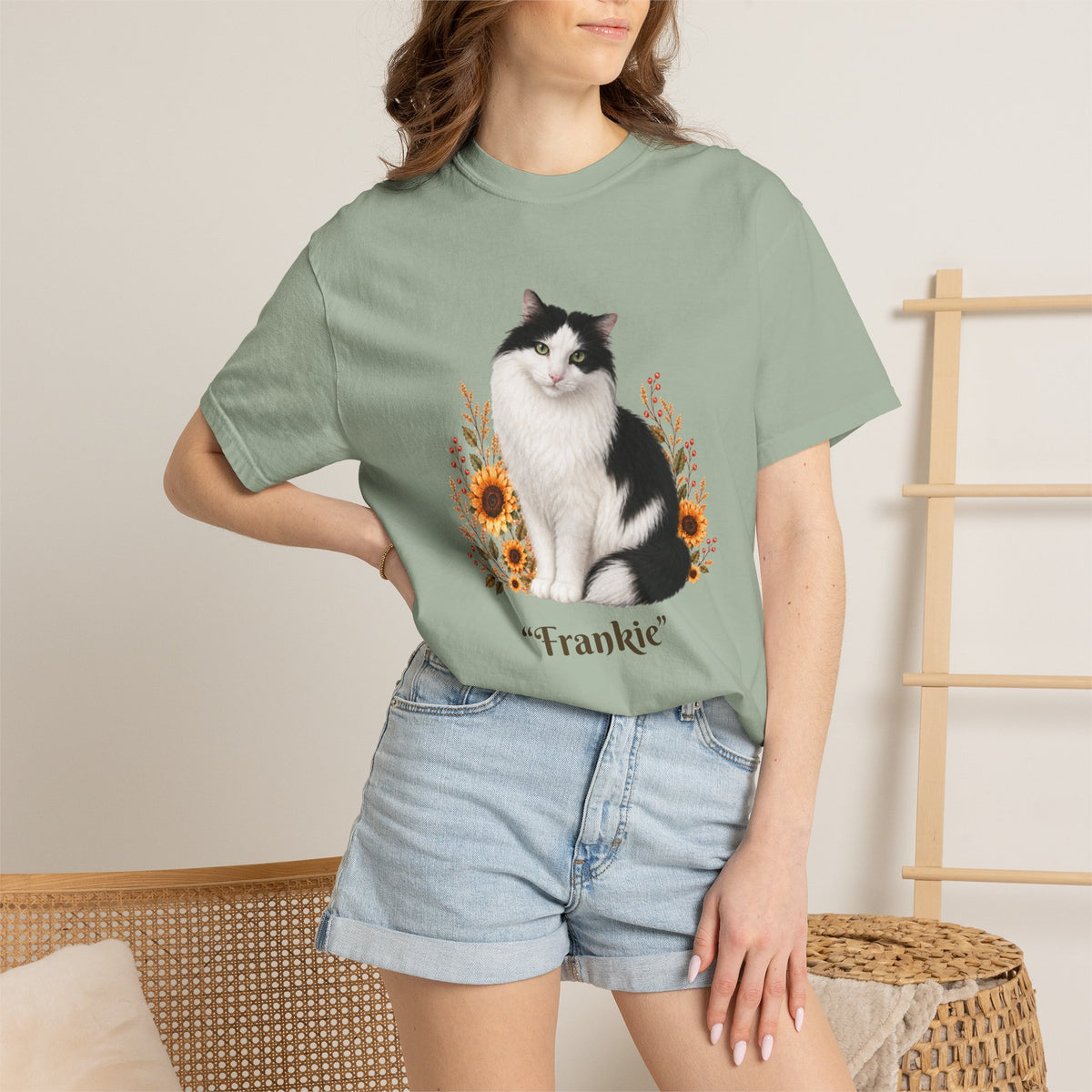 Personalized Black and White Cat  Sunflower Comfort Colors® T-Shirt