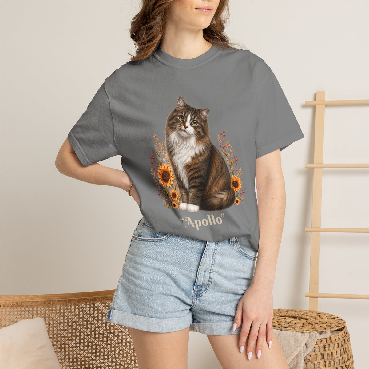 Personalized Longhair Tabby Cat  Sunflower Comfort Colors® T-Shirt