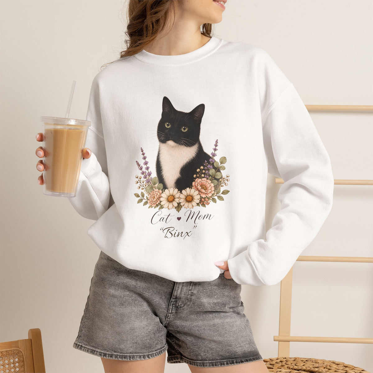 Personalized Black and White Cat Mom Gildan® Sweatshirt