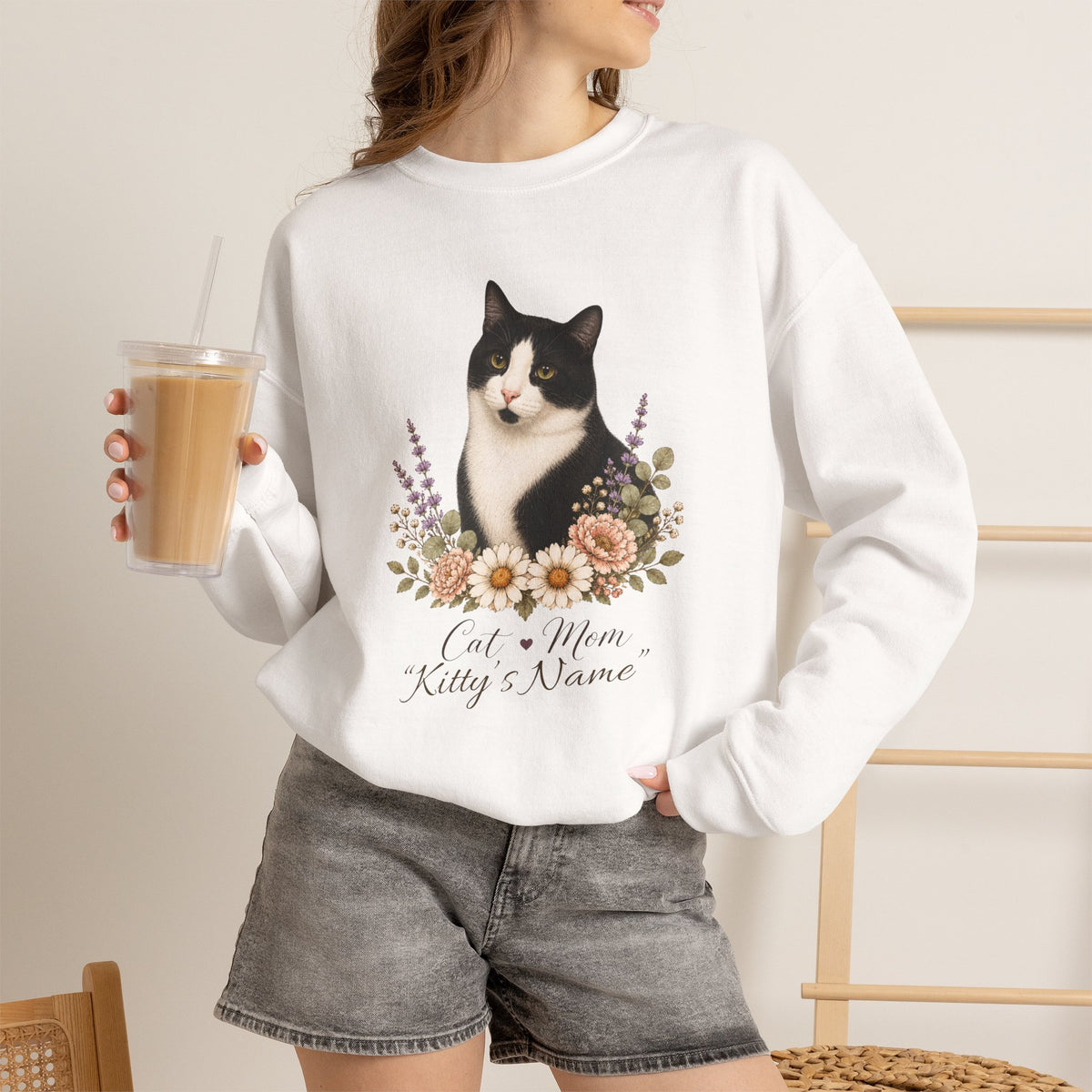 Personalized Black and White Cat Mom Gildan® Sweatshirt