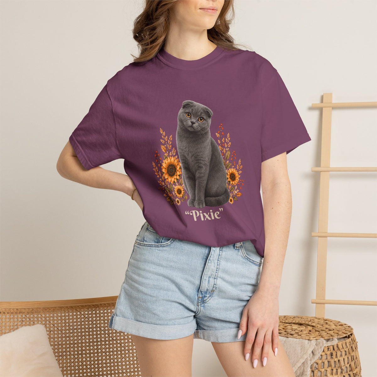 Personalized Scottish Fold Cat Sunflower Comfort Colors® T-Shirt