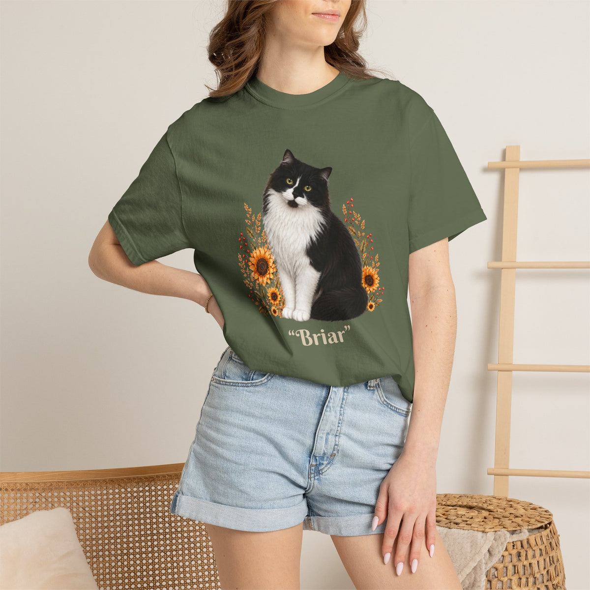 Personalized Tuxedo Cat Sunflower Comfort Colors® T-Shirt
