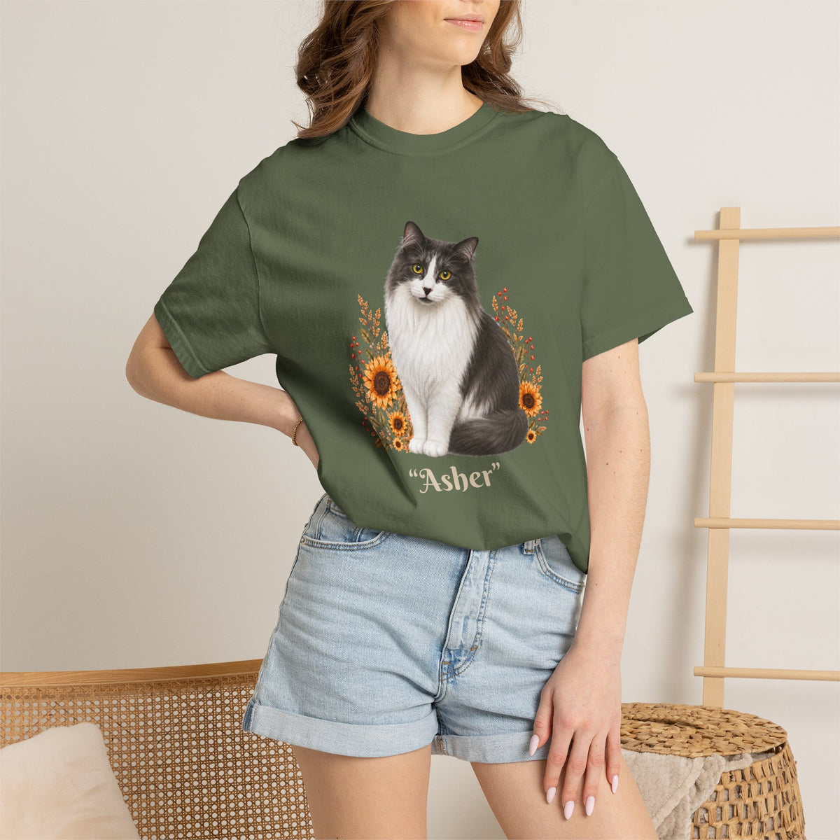 Personalized Gray Cat Sunflower Comfort Colors® T-Shirt
