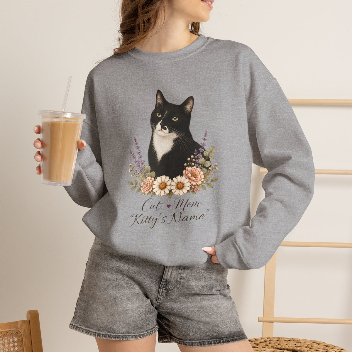 Personalized Black and White Cat Mom Gildan® Sweatshirt