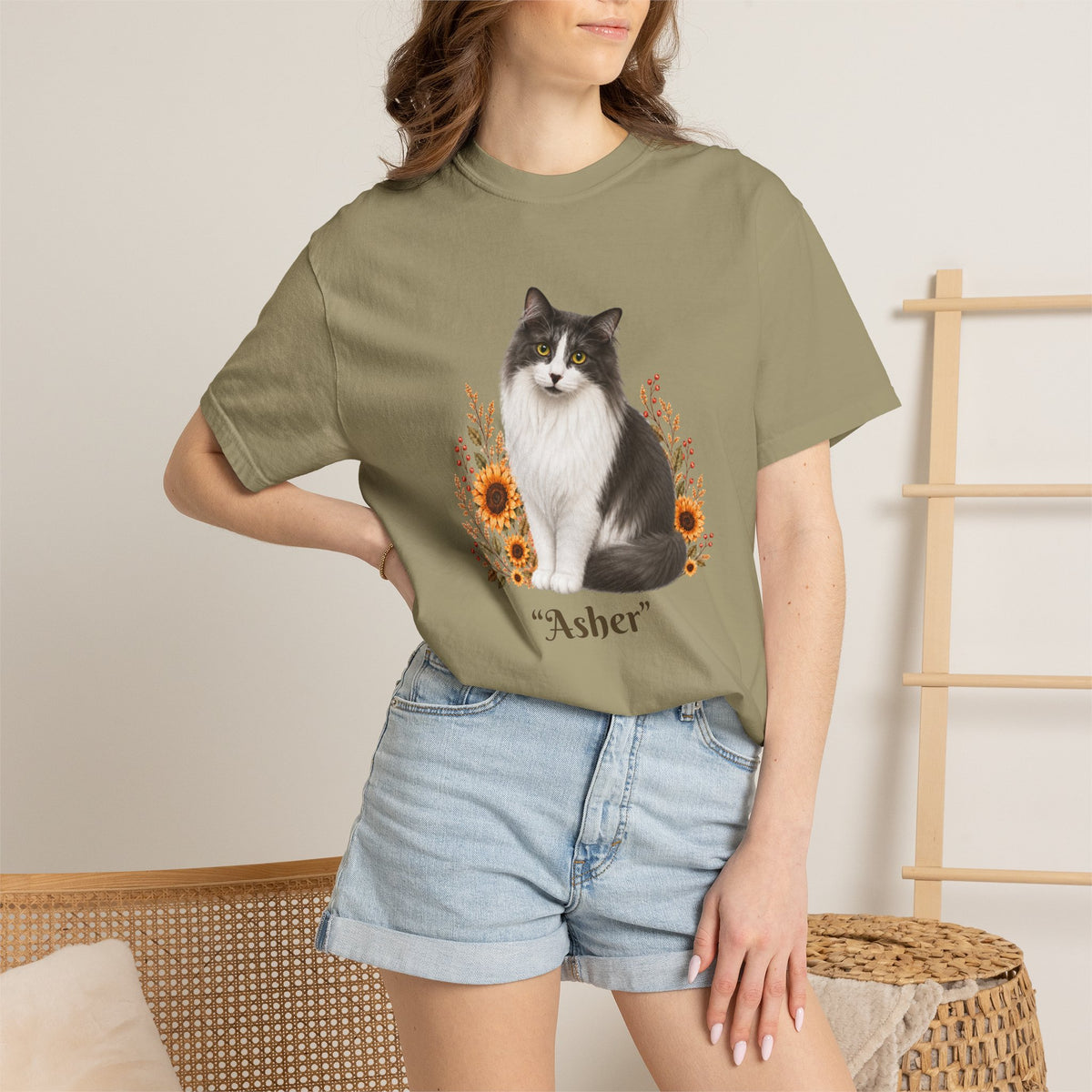 Personalized Gray Cat Sunflower Comfort Colors® T-Shirt