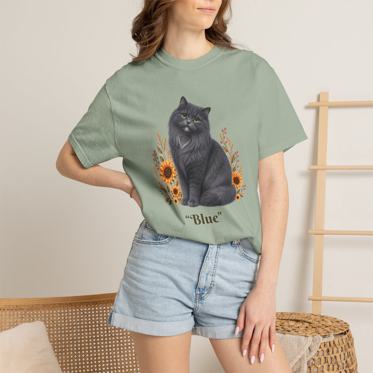 Personalized Blue Gray Longhair Cat Sunflower Comfort Colors® T-Shirt