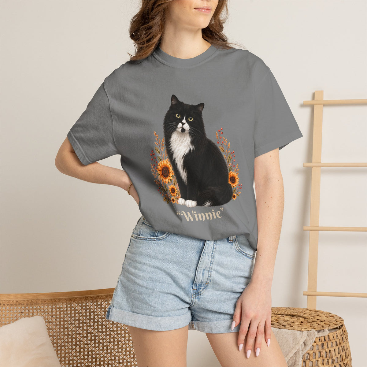 Personalized Fluffy Tuxedo Cat  Sunflower Comfort Colors® T-Shirt