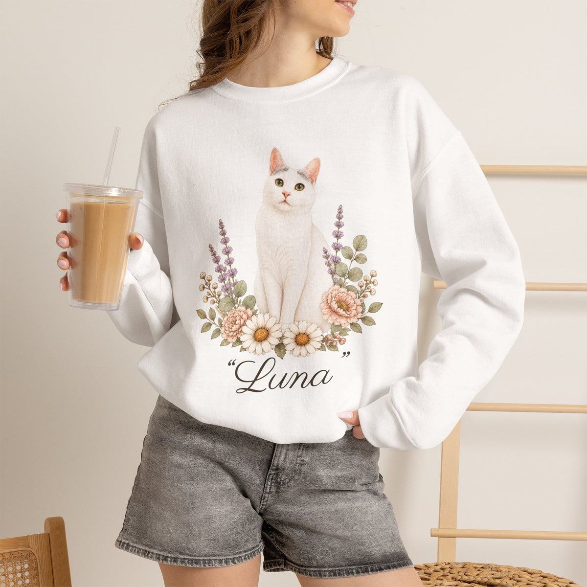 Personalized White Cat Mom Sweatshirt