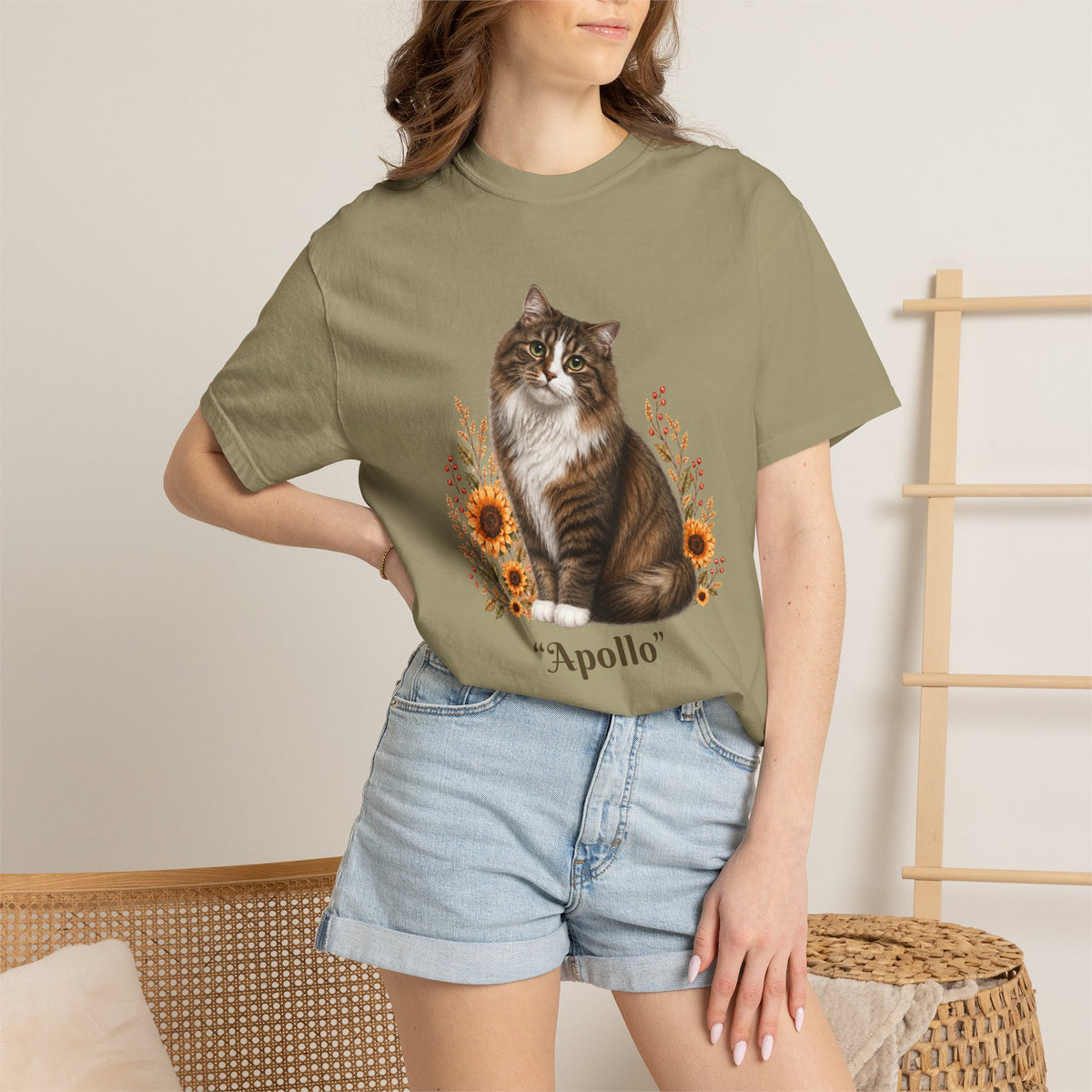 Personalized Longhair Tabby Cat  Sunflower Comfort Colors® T-Shirt