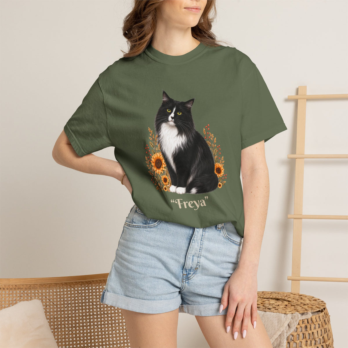 Personalized Black and White Cat  Sunflower Comfort Colors® T-Shirt