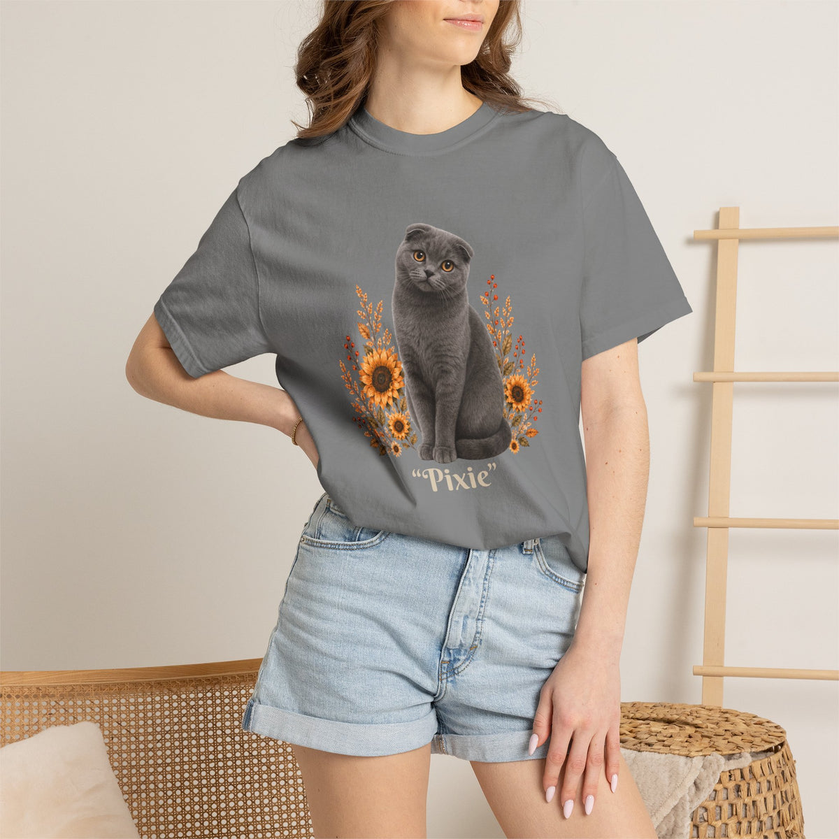 Personalized Scottish Fold Cat Sunflower Comfort Colors® T-Shirt