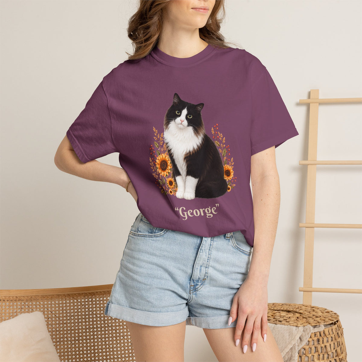 Personalized Black and White Cat  Sunflower Comfort Colors® T-Shirt