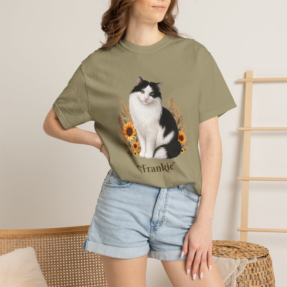 Personalized Black and White Cat  Sunflower Comfort Colors® T-Shirt