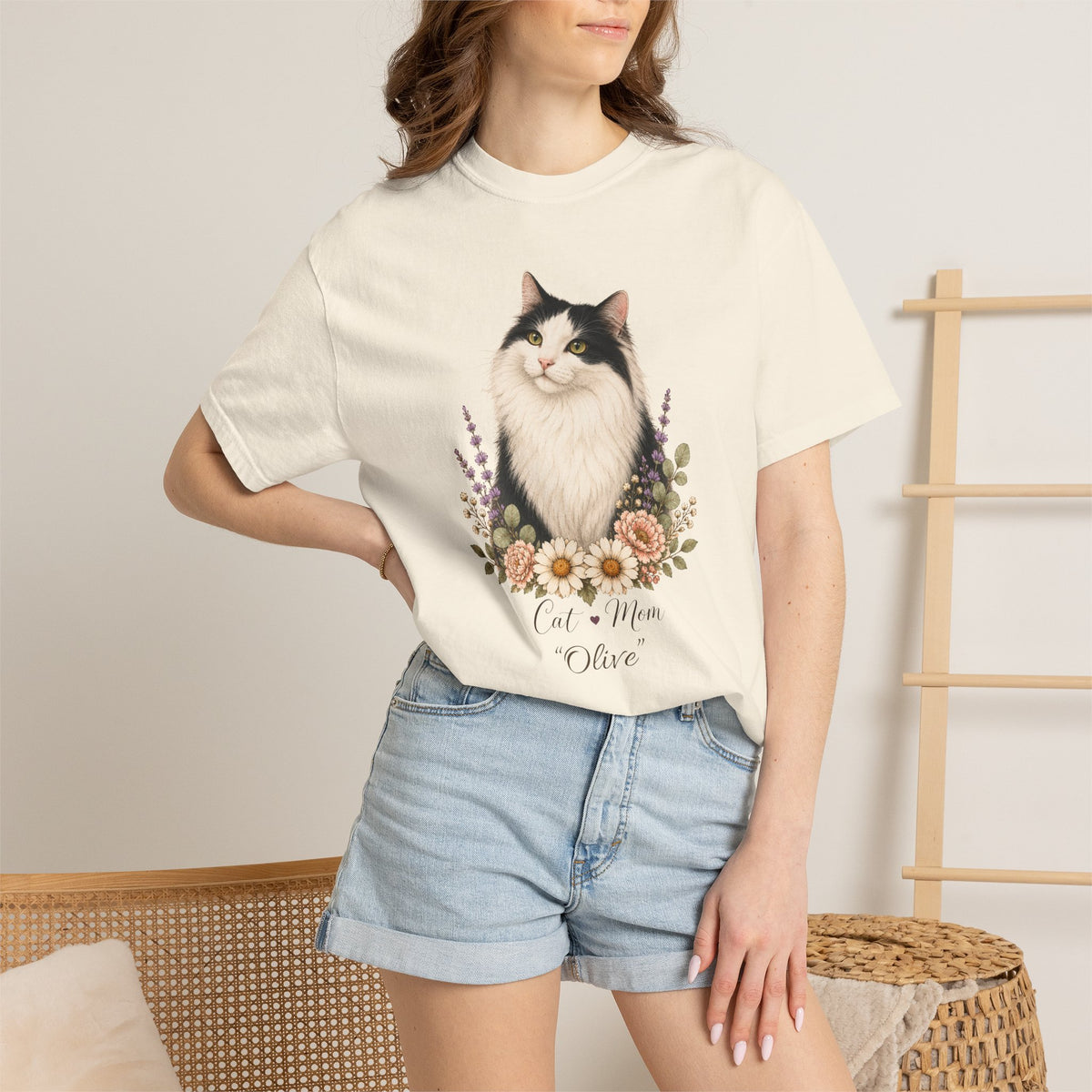 Personalized Black and White Cat Mom Comfort Colors® T-Shirt