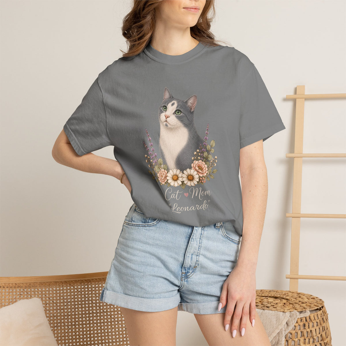 Personalized Gray Tuxedo Cat Mom Comfort Colors® T-Shirt