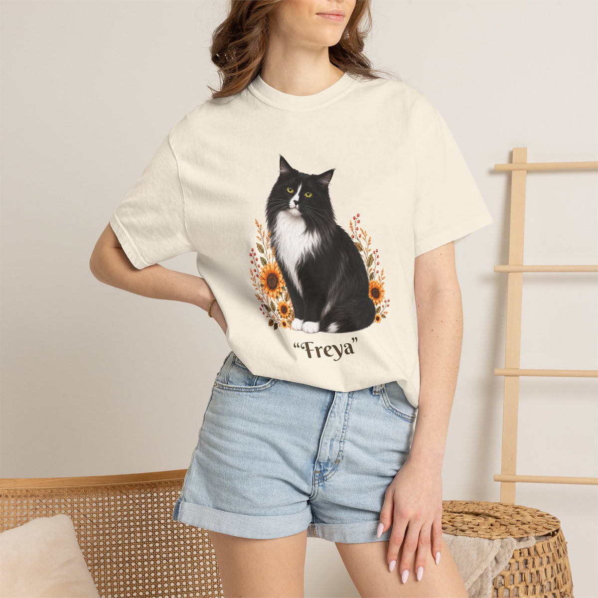 Personalized Black and White Cat  Sunflower Comfort Colors® T-Shirt