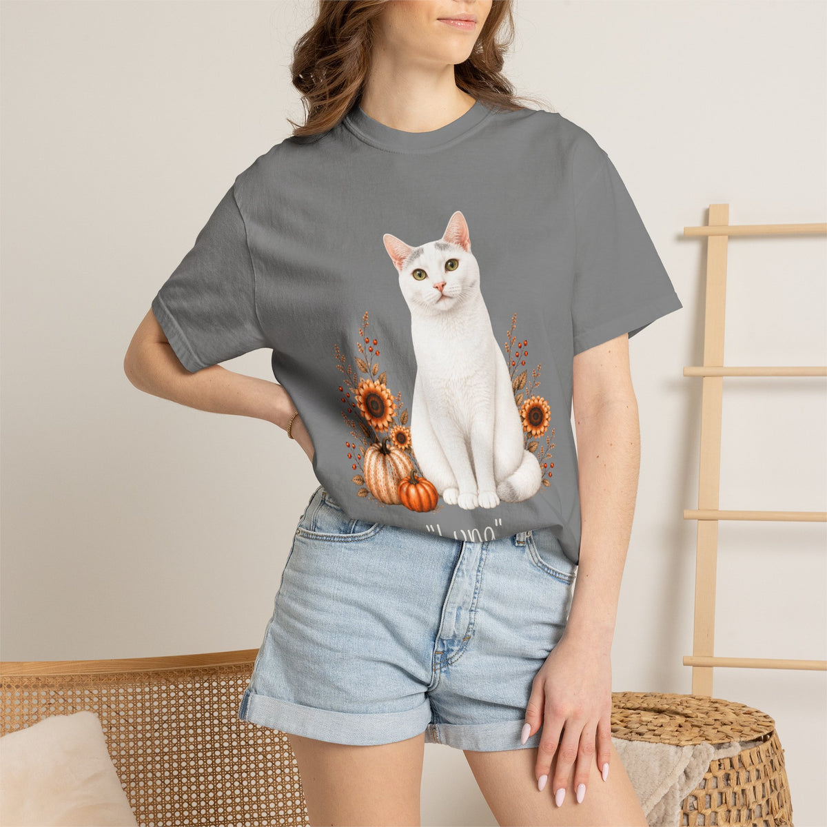Personalized White Cat Sunflower Comfort Colors® T-Shirt