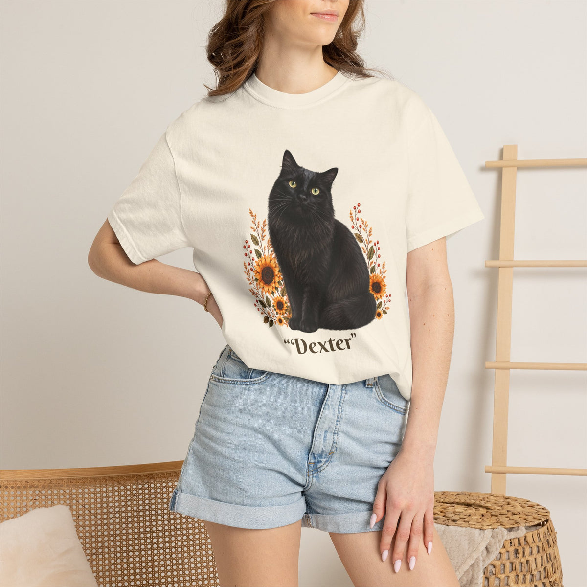 Personalized Black Cat  Sunflower Comfort Colors® T-Shirt