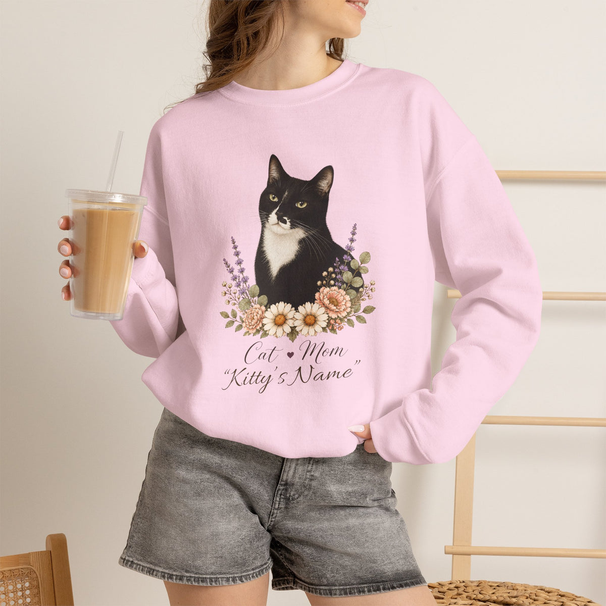 Personalized Black and White Cat Mom Gildan® Sweatshirt
