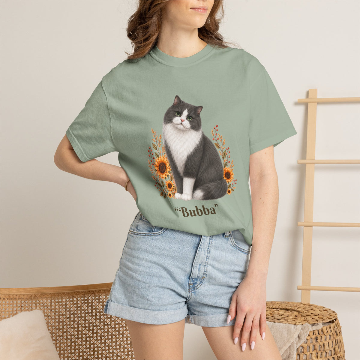 Personalized Black Gray Longhair Cat Sunflower Comfort Colors® T-Shirt