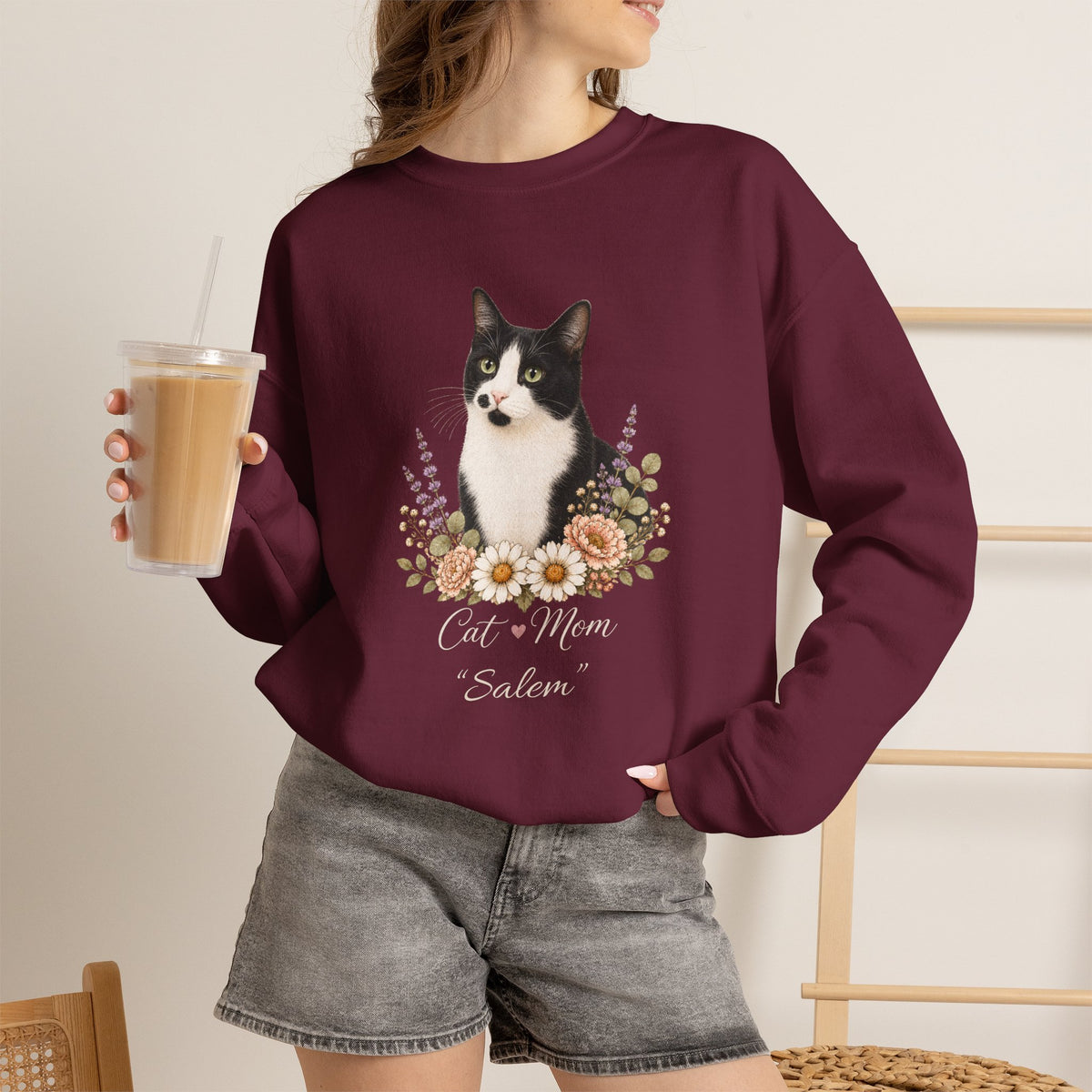 Personalized Black and White Cat Mom Gildan® Sweatshirt